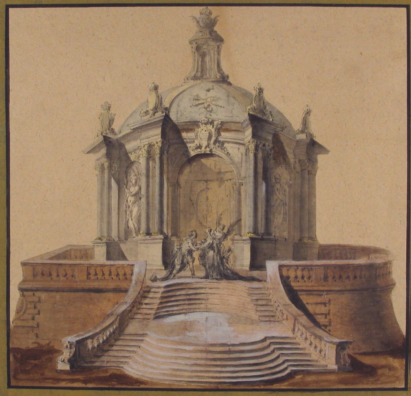 Zeichnung einer klassizistischen Brunnenanlage mit einer Statue darauf, umrahmt von einem Foto Rahmen, umgeben von Stufen und zusätzlichen Skulpturen.