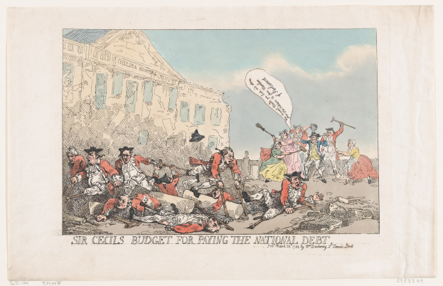 Cartoon-Illustration auf Papier, die eine Gruppe von Menschen vor einem Gebäude unter einem bewölkten Himmel zeigt, mit Text unten, der "Sir Cecils Budget für die Begleichung der Nationalverschuldung" lautet.