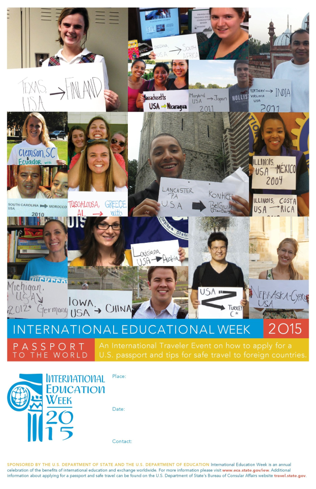 Internationaler Bildungswoche 2015 Plakat zeigt eine Gruppe von lächelnden Menschen mit Schildern mit textbezogenen Informationen.