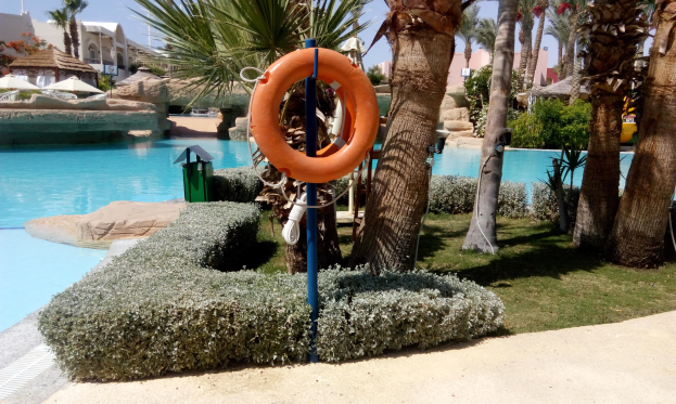 Ein Schwimmbad mit einem Rettungsring in der Mitte, umgeben von grünem Gras, Pflanzen und Bäumen, mit Gebäuden, Sonnenschirmen und einem klaren blauen Himmel im Hintergrund.