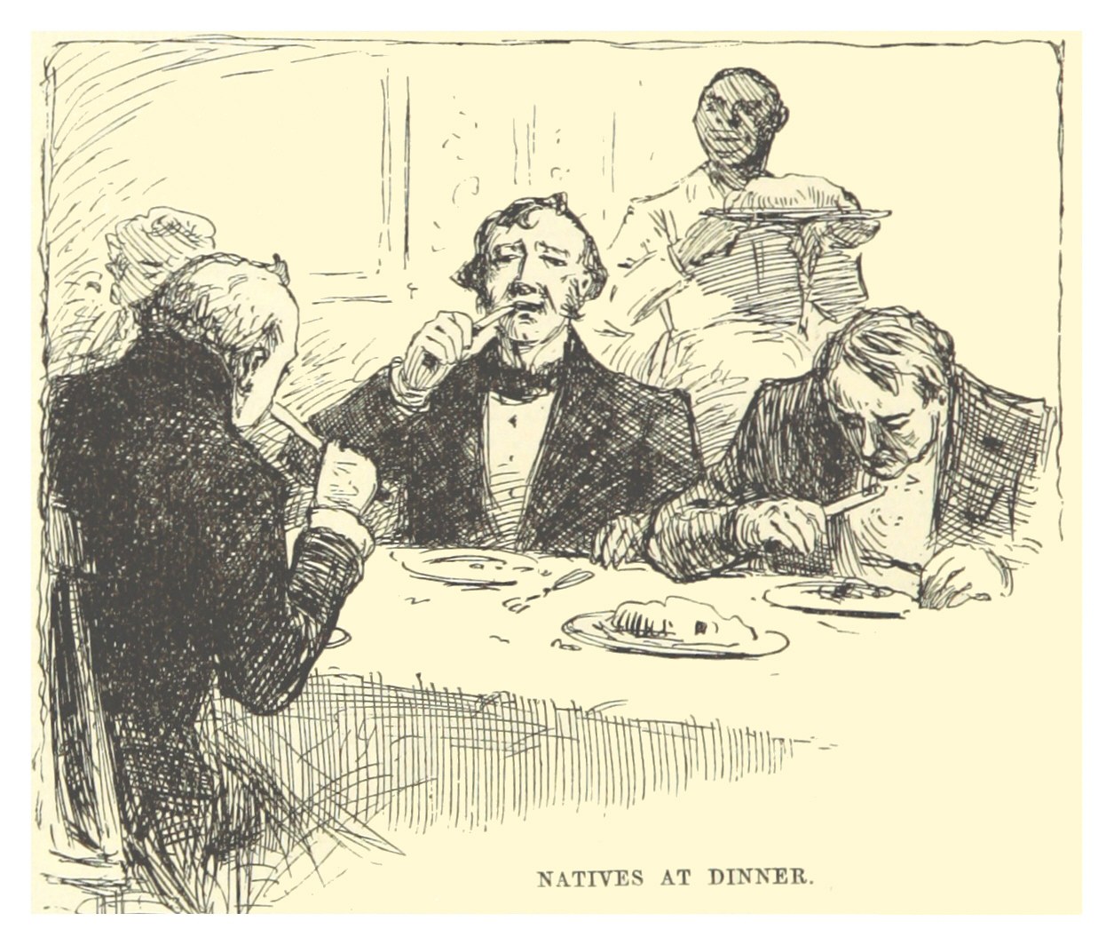 Eine Zeichnung von Menschen, die um einen Tisch mit Tellern voller Essen sitzen, begleitet von dem Text 'Einheimische beim Dinner' unten.