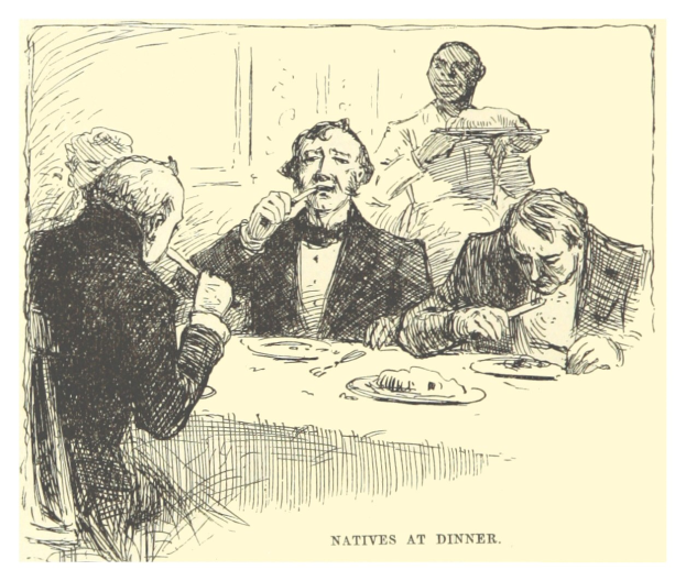 Eine Zeichnung von Menschen, die um einen Tisch mit Tellern voller Essen sitzen, begleitet von dem Text 'Einheimische beim Dinner' unten.