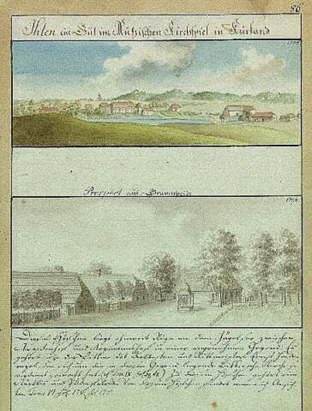 Eine historische Illustration einer Dorflandschaft mit dem Titel "München, Deutschland, 1750-1790, Landschaft mit einer Ansicht der Stadt München", die Bäume, Häuser, Gras und Wolken zeigt.
