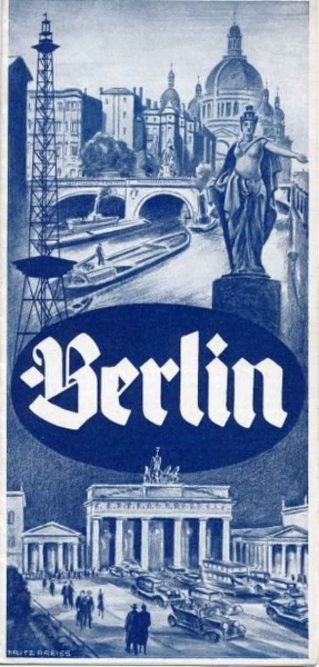 Plakatwerbung Berlin, Deutschland, mit einer Statue, historischen Gebäuden, einem Turm, Menschen, Fahrzeugen auf einer Straße und einer Brücke, mit Text, der Stadtinformationen bereitstellt.