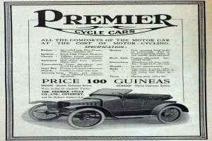 Werbeposter für Premier Cycle Cars mit einem klassischen schwarzen Auto mit schlankem, aerodynamischem Design und auffälliger weißer Schrift.