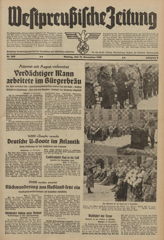 Schwarze Titelseite einer deutschen Zeitung vom 13. November 1939 mit der Überschrift "Weitpreubliche Zeitung" und einem Foto von Menschen in traditioneller deutscher Tracht in einer feierlichen Umgebung.