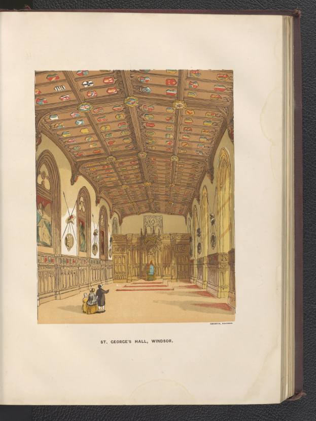 Offenes Buch mit einer detaillierten Illustration des Inneren von St. George's Hall in Windsor, England, mit sichtbaren architektonischen Elementen und Figuren, das auf einer schwarzen Oberfläche liegt.