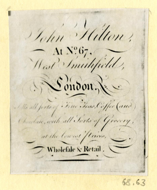 Ein Blatt mit dem Text "John Hilton, at No. 67, West Smithfield, London" darauf geschrieben.