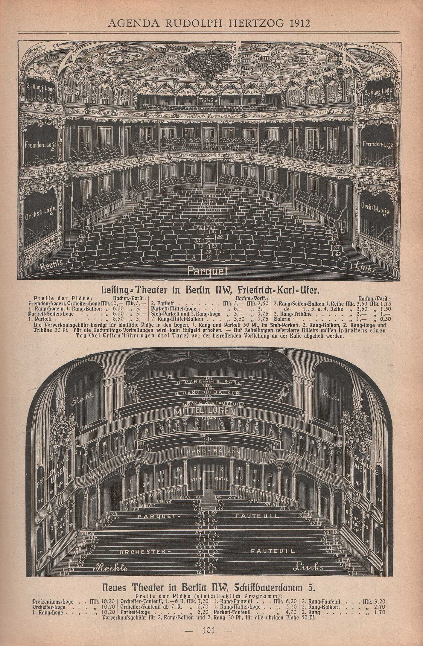 Schwarz-weiß-Illustration einer alten Buchseite mit einer detaillierten Zeichnung eines großen Berliner Auditoriums aus dem Jahr 1912 neben beschreibendem Text über dessen Aufbau.