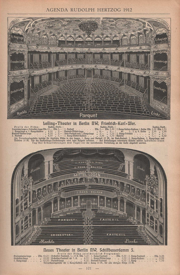 Schwarz-weiß-Illustration einer alten Buchseite mit einer detaillierten Zeichnung eines großen Berliner Auditoriums aus dem Jahr 1912 neben beschreibendem Text über dessen Aufbau.