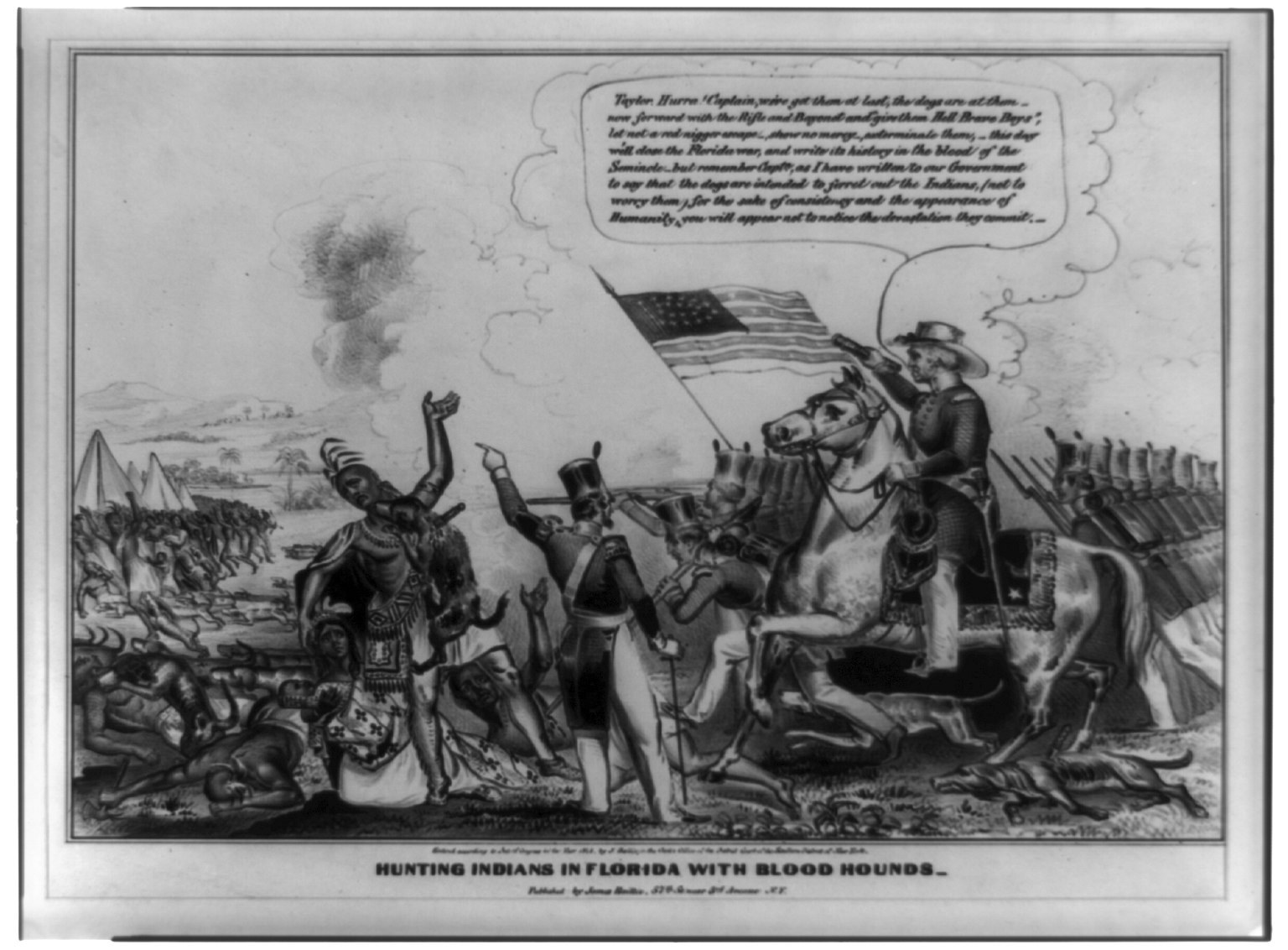 Schwarzes und weißes Foto einer Gruppe von Menschen, einige davon reiten auf Pferden, mit einer Fahne im Hintergrund und dem Text 'Jagen von Indianern in Florida mit Bluthunden' unten.