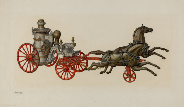 Zwei Pferde vor eine Feuerwache gespannt, mit sichtbaren Rädern, ziehen das Fahrzeug.