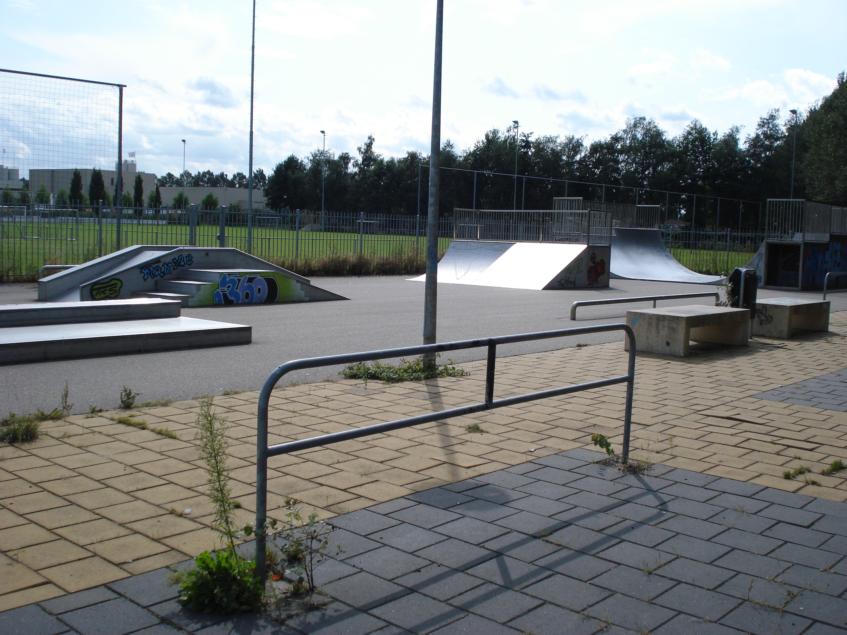 Ein Skatepark mit Rampen, Geländern, Grünflächen, Pfählen, Bäumen, fernen Gebäuden und einem bewölkten Himmel.