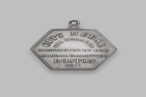 Eine silberne Medaille mit der Inschrift 'Stadtmedaille für Frauen' vor einem weißen Hintergrund.