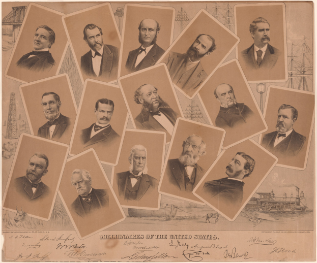 Eine Gruppe von formell gekleideten Männern und Frauen verschiedenen Alters mit der Aufschrift "Millionäre der Vereinigten Staaten" in fetter schwarzer Schrift am unteren Bildrand, vor einem hellblauen Hintergrund.