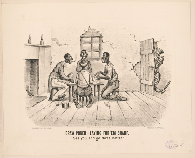Gruppe von Menschen, die um einen Tisch Poker spielen, mit einer Wand, einem Fenster, einer Tür und verschiedenen Gegenständen im Hintergrund, mit Text unten, der "Draw Poker - Laying for 'em Sharp" lautet.