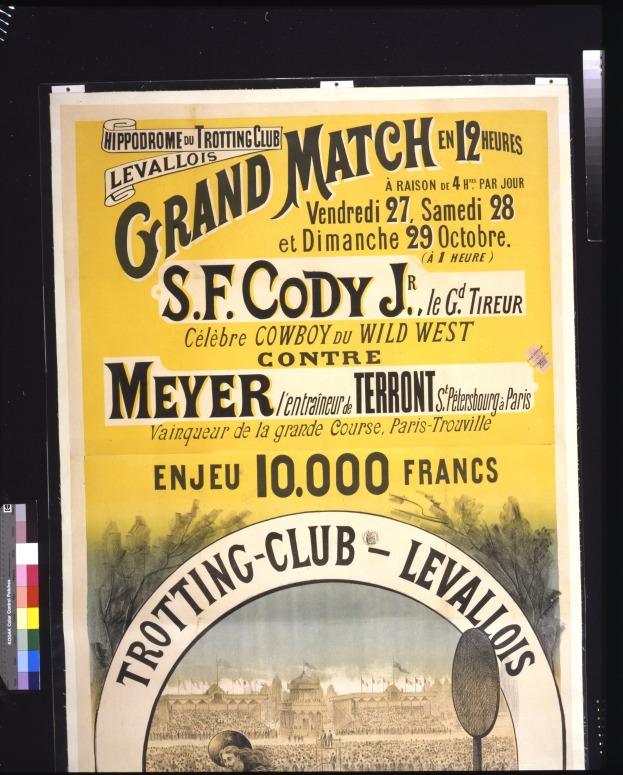 Alter Plakatwerbung für ein großes Match zwischen S.F. Cody und Meyer mit Textbeschreibung des Ereignisses.