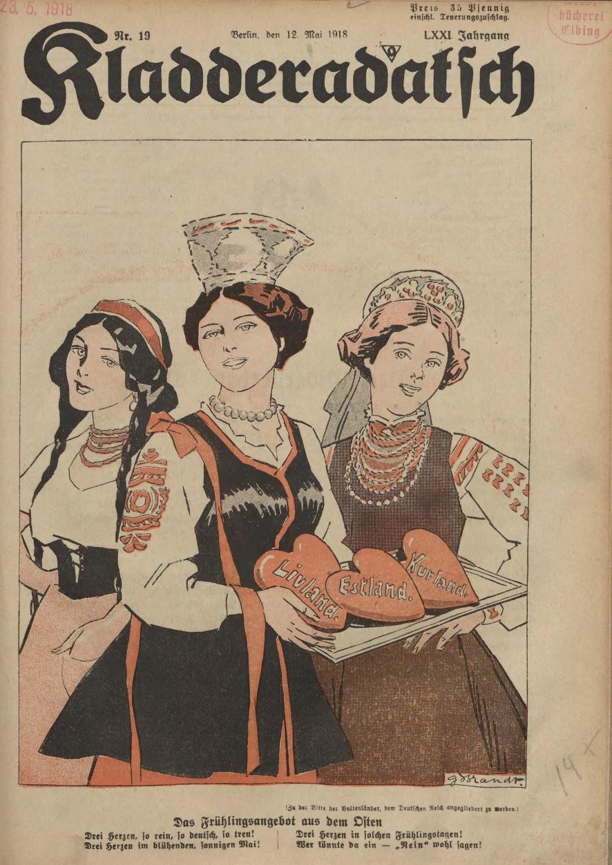 Altes Buchcover mit drei Frauen in traditioneller bayrischer Tracht, wobei eine ein herzförmiges Objekt auf einem Teller hält, datiert September 1918.