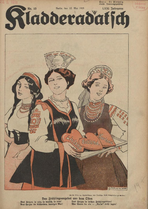 Altes Buchcover mit drei Frauen in traditioneller bayrischer Tracht, wobei eine ein herzförmiges Objekt auf einem Teller hält, datiert September 1918.