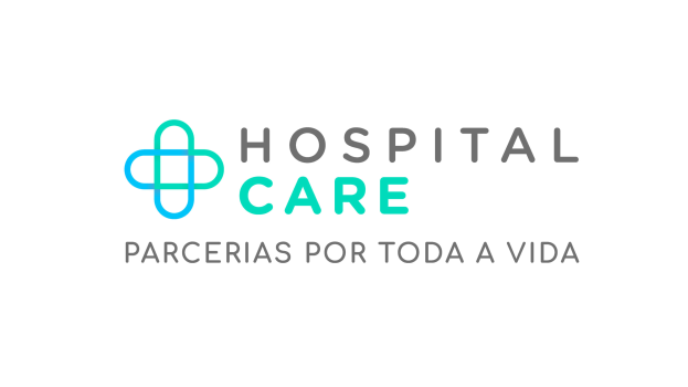 Ein weißer Hintergrund mit fettem, schwarzem Text in einer modernen, professionellen Schrift, der "hospital care parcerias por toda a vida" lautet und zentriert ist und von einem dünnen, schwarzen Rand umgeben ist.