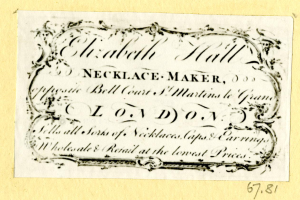 Ein altes Geschäftsblatt mit einem Bild eines Halskettenschmieds und einem Text, der seine Dienstleistungen beschreibt.