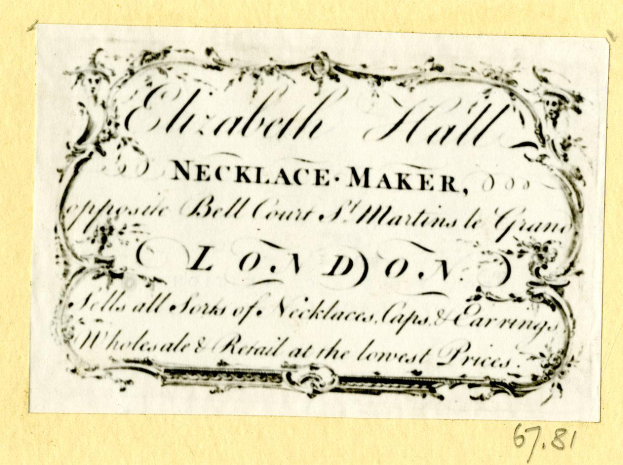 Ein altes Geschäftsblatt mit einem Bild eines Halskettenschmieds und einem Text, der seine Dienstleistungen beschreibt.