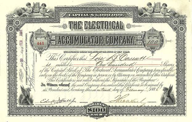 Aktienzertifikat der Elektro-Akkumulator-Gesellschaft mit detaillierten Designs und Text, der "Die Elektro-Akkumulator-Gesellschaft" und numerische Details enthält.