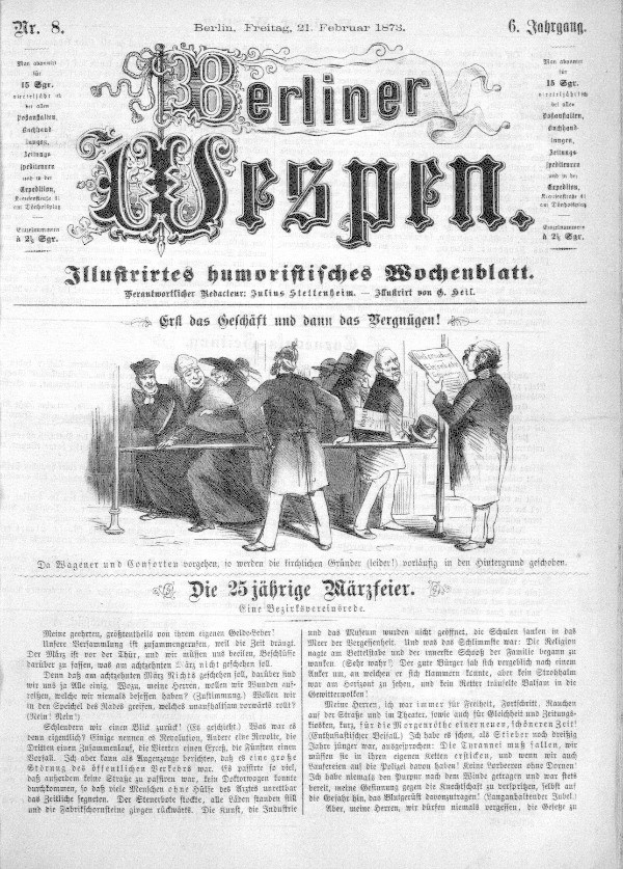 Altes deutsches Zeitungsblatt "Berliner Wespen" vom 21. Februar 1873, das eine Gruppe von Menschen in traditioneller deutscher Tracht zeigt, die sich unterhalten, mit deutscher Text, der das Ereignis wahrscheinlich beschreibt.