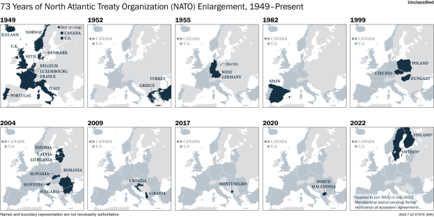 Karte der NATO-Erweiterung von 1949 bis heute, zeigt Mitgliedschaftserweiterungen nach Jahren in verschiedenen Regionen.