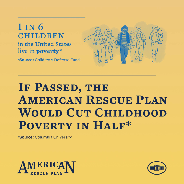 Ein Plakat mit Text, das für den American Rescue Plan wirbt, um die Kindarmut in den USA zu reduzieren, mit einem Bild einer Gruppe von Menschen.