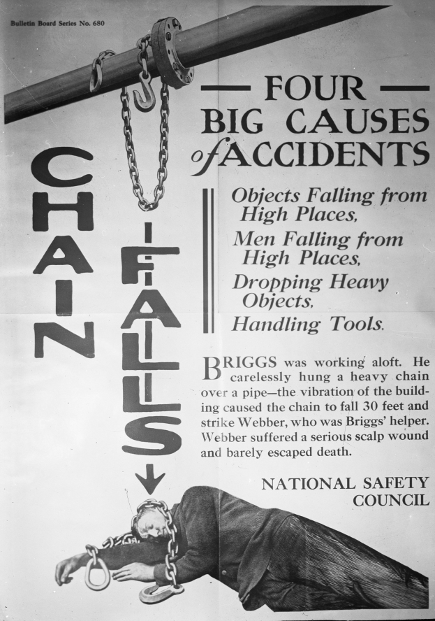 Schwarzer und weißer Plakat mit der Aufschrift "Vier große Ursachen für Unfälle" mit einem Bild einer Person auf einem Pfahl mit Ketten.