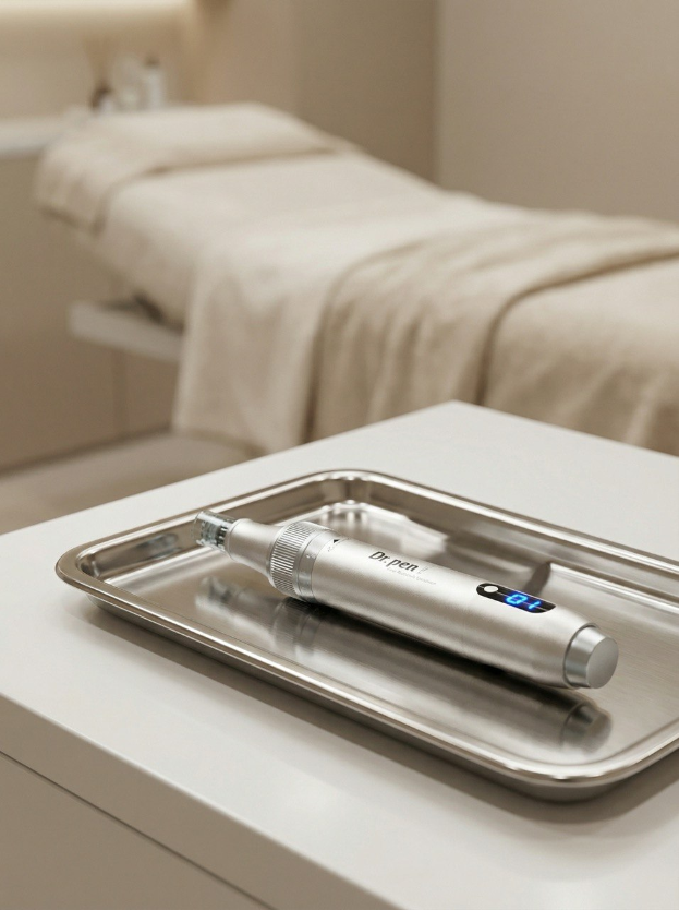 Professionelles Microneedling-Gerät auf einem desinfizierten Tablett in einem modernen Kosmetikstudio.