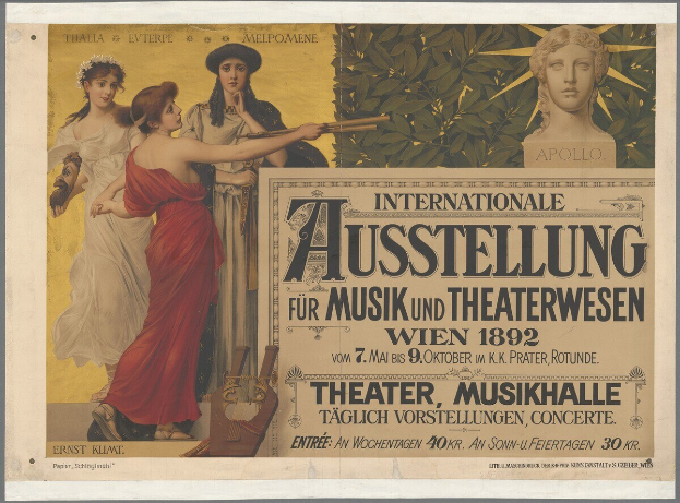 Plakat für die Internationale Ausstellung für Musik und Theaterwesen in Wien mit einer Gruppe von Menschen in einem Kreis und einer Frau mit einem Musikinstrument in der Mitte und Text mit Veranstaltungseinzelheiten.