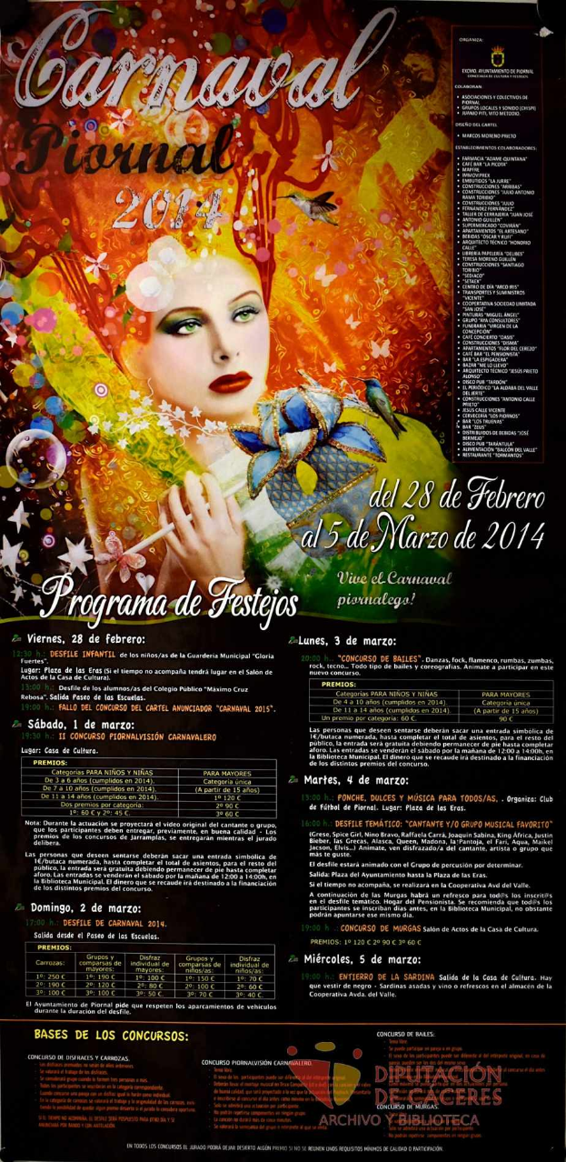 Eine Frau in einem bunten Kleid, die lächelt, umgeben von der Schrift "Karnevalsfest 2014" in fetter schwarzer Schrift auf einem leuchtend gelben Hintergrund.