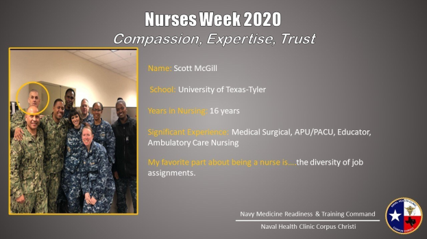 Eine Gruppe von Menschen, die auf der linken Seite lächelt, mit einer Wand und Decke im Hintergrund, und Text, der "Nurses Week 2020: Mitgefühl, Expertise, Vertrauen" neben einem Logo auf der rechten Seite zeigt.