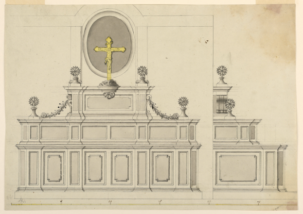 Eine detaillierte Zeichnung eines Kirchenaltars mit einem Kreuz darauf, verziert mit kunstvollen Mustern, auf einem Blatt Papier.