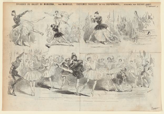 Ein Buchseitenbild mit einer lebendigen Zeichnung einer Gruppe von Menschen, die im Einklang tanzen, mit begleitendem Text, der das Datum, die Uhrzeit und den Ort des Ereignisses angibt.