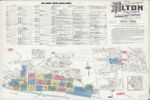 Ein alter Stadtplan von Alton, Illinois, der die Versicherungsdeckung in verschiedenen Farben und Symbolen zeigt.