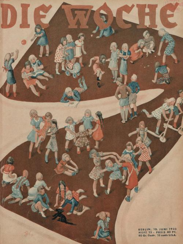 Eine Gruppe strahlender Kinder, die auf einem bunten deutschen Magazincover von "Die Woche" aus dem Juni 1933 spielen.