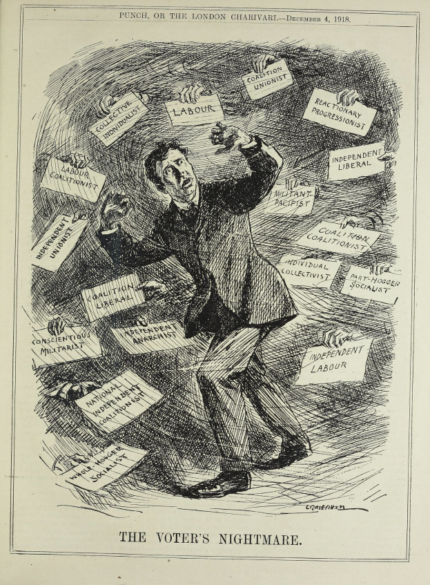 Eine Zeichnung eines Mannes in Anzug und Krawatte, der ein Schild hält, auf dem "The Voter's Nightmare" steht, mit entschlossener Miene.