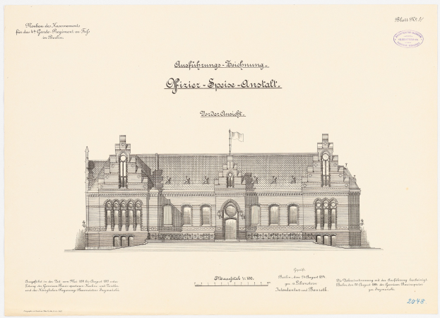 Schwarz-weißes Architekturzeichnung des Reichstagsgebäudes, des Hauptsaals des Deutschen Parlaments in Berlin, mit einer Flagge oben und begleitendem Text.
