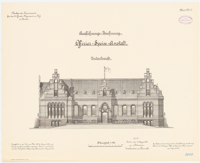 Schwarz-weißes Architekturzeichnung des Reichstagsgebäudes, des Hauptsaals des Deutschen Parlaments in Berlin, mit einer Flagge oben und begleitendem Text.