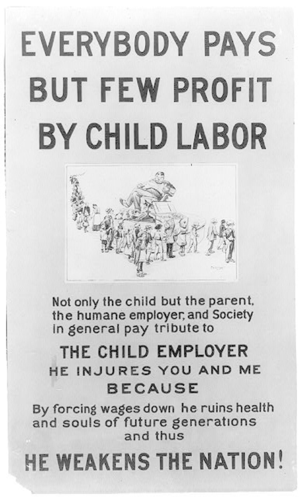 Plakat mit einem Schwarz-Weiß-Foto einer Gruppe von Menschen und dem Text 'Jeder zahlt, aber wenige profitieren von Kinderarbeit.', das gegen Kinderarbeit in den USA aufruft.