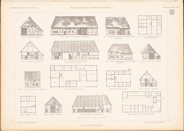 Ein offenes altes Buch zeigt Architekturhauspläne und Zeichnungen auf einer Seite, begleitet von beschreibendem Text.
