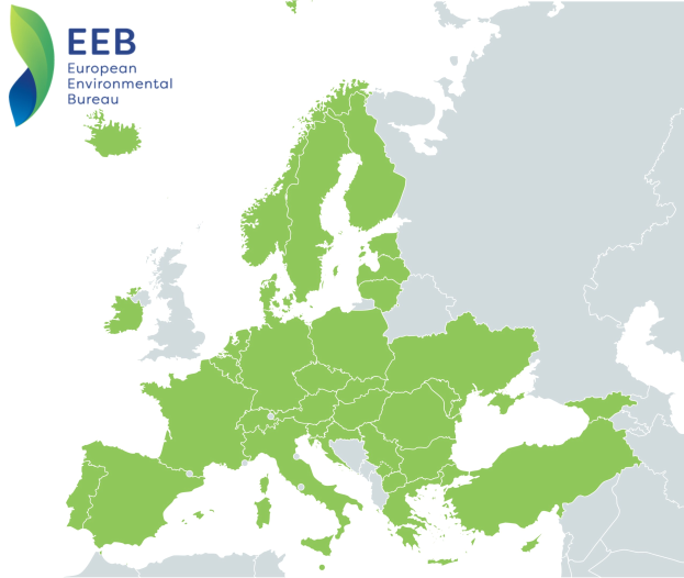 Karte von Europa mit dem Logo des European Environmental Bureau in der linken oberen Ecke, schattiert in verschiedenen Grün zu indicar EU-Regionen.