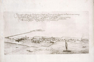 Altes Buch mit einer zentralen Illustration von Köln, Deutschland, umgeben von Booten auf Wasser, betitelt mit "Plan der Stadt Köln, Deutschland".