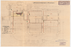 Schwarze-weißes Architekturzeichnung des Rosenhof-Krankenhauses in Hamburg, Deutschland, zeigt detailliertes Layout mit zahlreichen Drähten und beschrifteten Zimmern, Fluren und Merkmale.