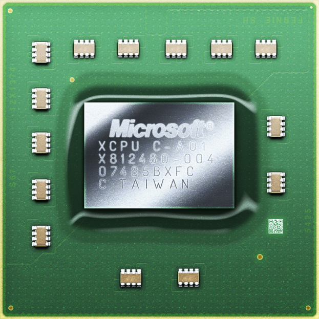 Ein Nahaufnahme eines grünen und cremefarbenen Mikrochip auf einem gelben Hintergrund mit dem Wort "Microsoft" darauf.