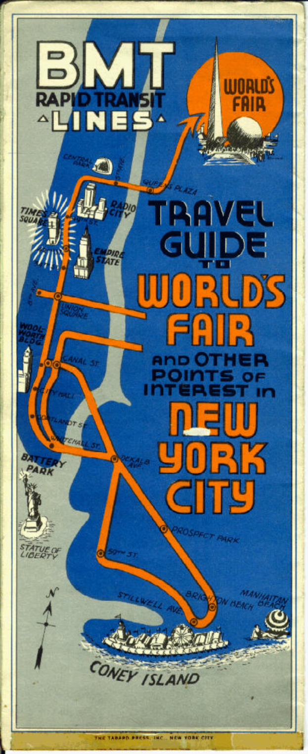 Plakat mit einer Karte der Weltausstellung in New York City, auf dem Text Details zur Ausstellung und ihren Attraktionen enthält.