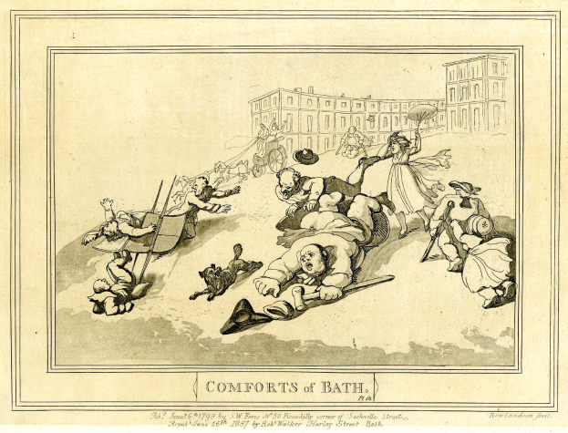 Ein Cartoon von gestressten Menschen in einer Badewanne umgeben von hohen Gebäuden mit wenigen Fenstern, unter einem tiefblauen Himmel, mit dem Text "Comforts of Bath" unten.